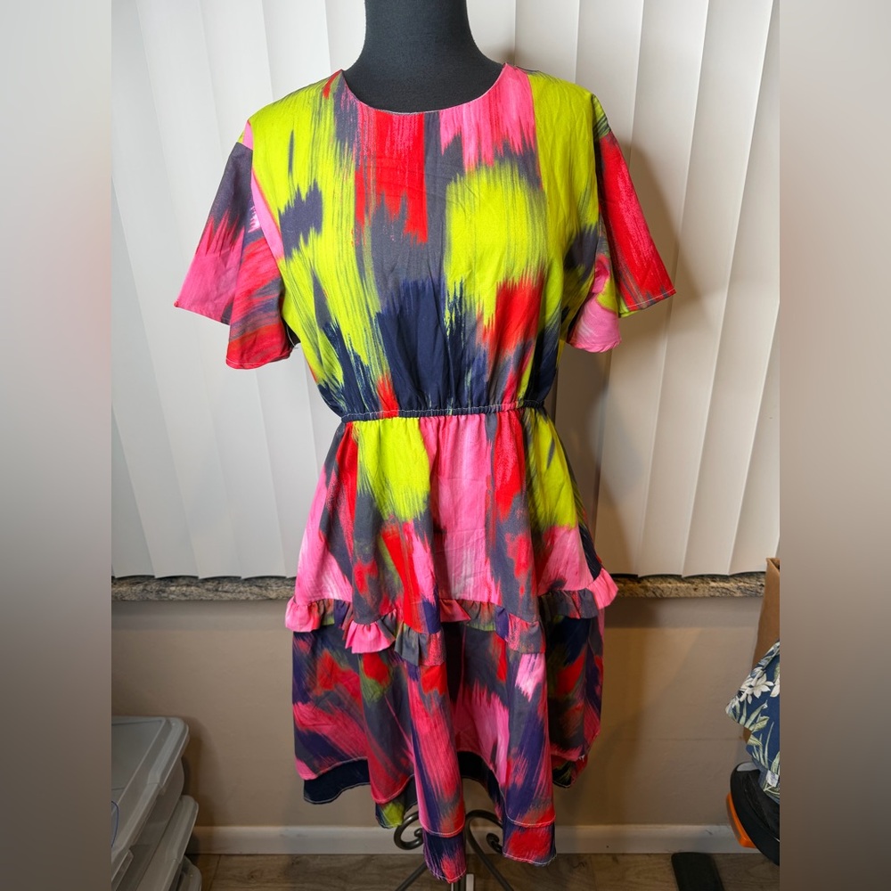 N by Nancy Vibrant Multicolor Color Melt Ruffle Tiered Festival Dress Size Med